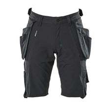 Shorts, bolsos suspensos removíveis, shorts stretch artesão, preto-azul