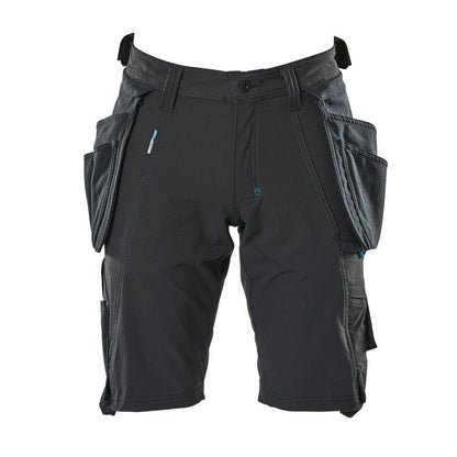 Shorts, bolsos suspensos removíveis, shorts stretch artesão, preto-azul