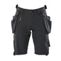 Shorts, bolsos suspensos removíveis, shorts stretch artesão, preto-azul