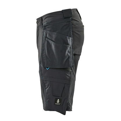 Shorts, bolsos suspensos removíveis, shorts stretch artesão, preto-azul
