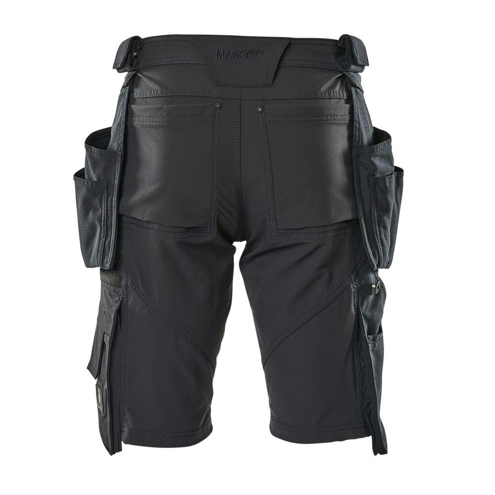 Shorts, bolsos suspensos removíveis, shorts stretch artesão, preto-azul