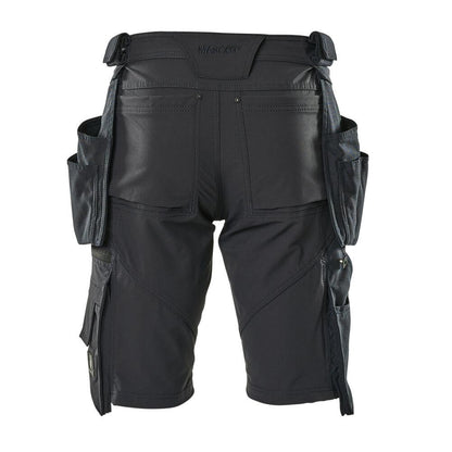 Shorts, bolsos suspensos removíveis, shorts stretch artesão, preto-azul