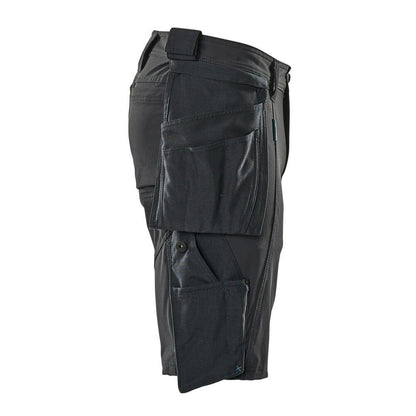 Shorts, bolsos suspensos removíveis, shorts stretch artesão, preto-azul