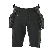 Shorts, bolsos suspensos removíveis, shorts stretch artesão, preto