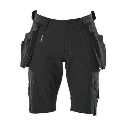 Shorts, bolsos suspensos removíveis, shorts stretch artesão, preto