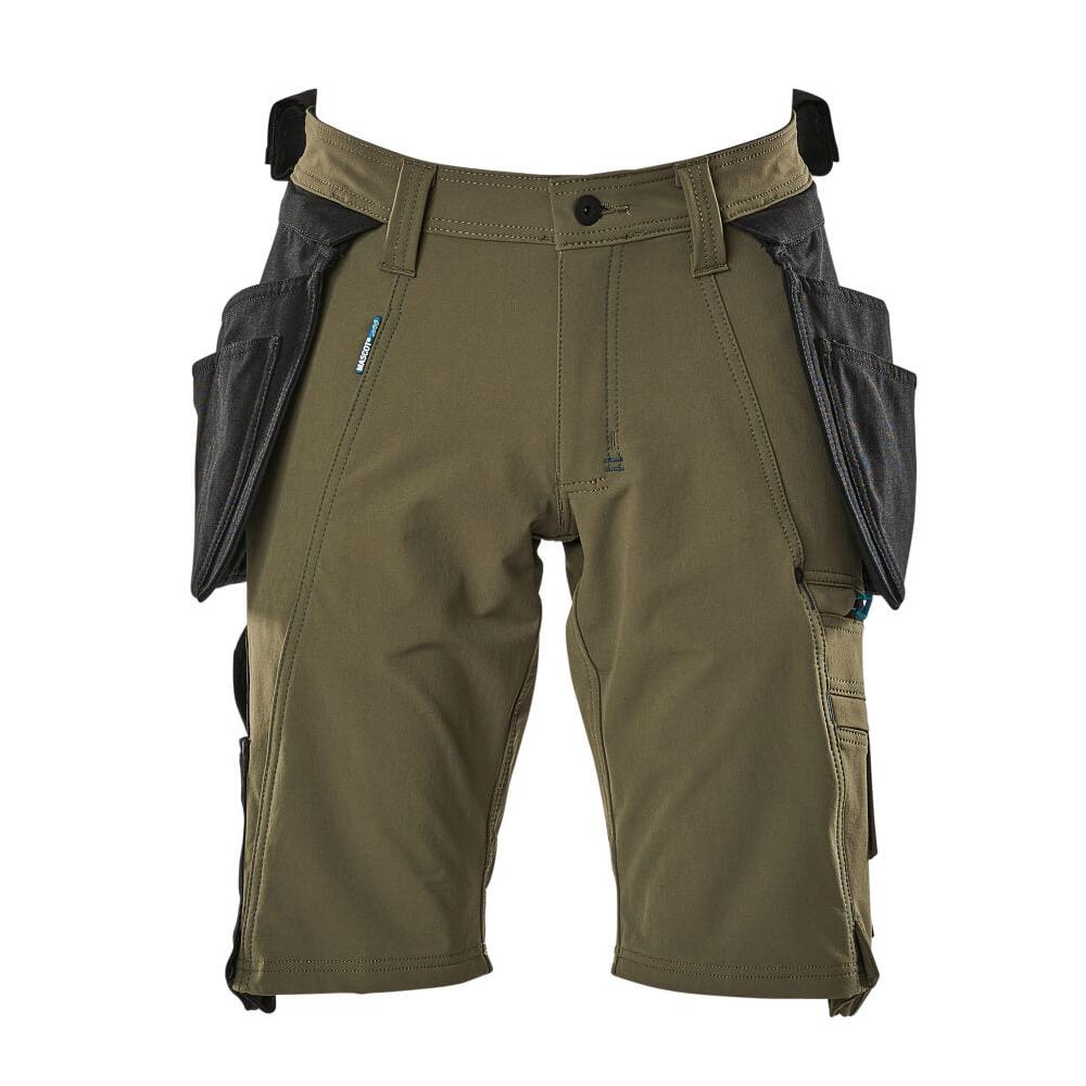 Shorts, bolsos suspensos removíveis, shorts stretch artesão, verde musgo