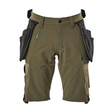 Shorts, bolsos suspensos removíveis, shorts stretch artesão, verde musgo