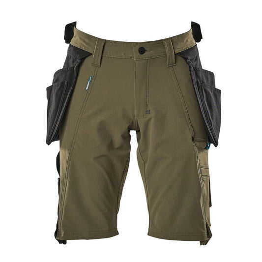 Shorts, bolsos suspensos removíveis, shorts stretch artesão, verde musgo