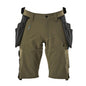 Shorts, bolsos suspensos removíveis, shorts stretch artesão, verde musgo