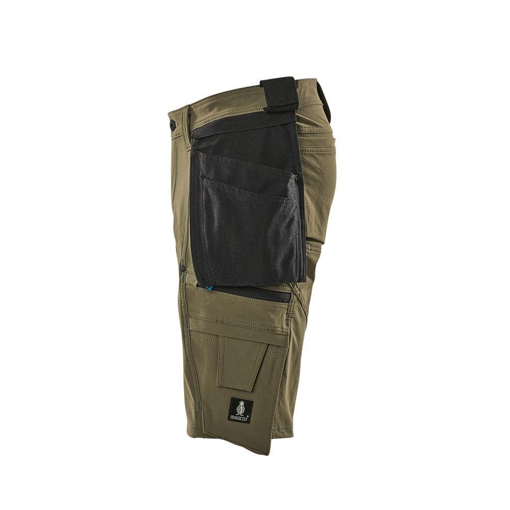 Shorts, bolsos suspensos removíveis, shorts stretch artesão, verde musgo
