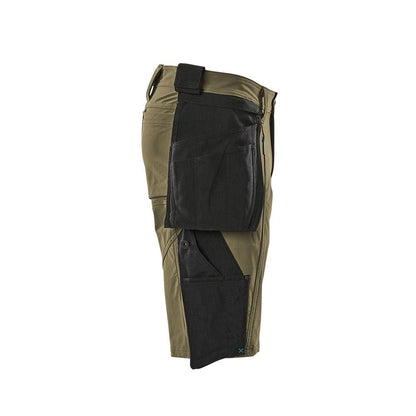 Shorts, bolsos suspensos removíveis, shorts stretch artesão, verde musgo