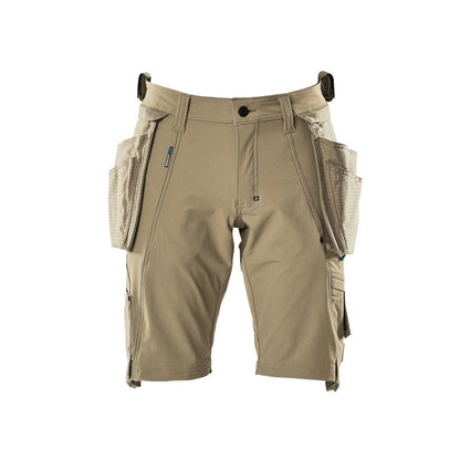 Shorts, bolsos suspensos removíveis, shorts stretch artesão, cáqui claro
