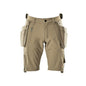 Shorts, bolsos suspensos removíveis, shorts stretch artesão, cáqui claro