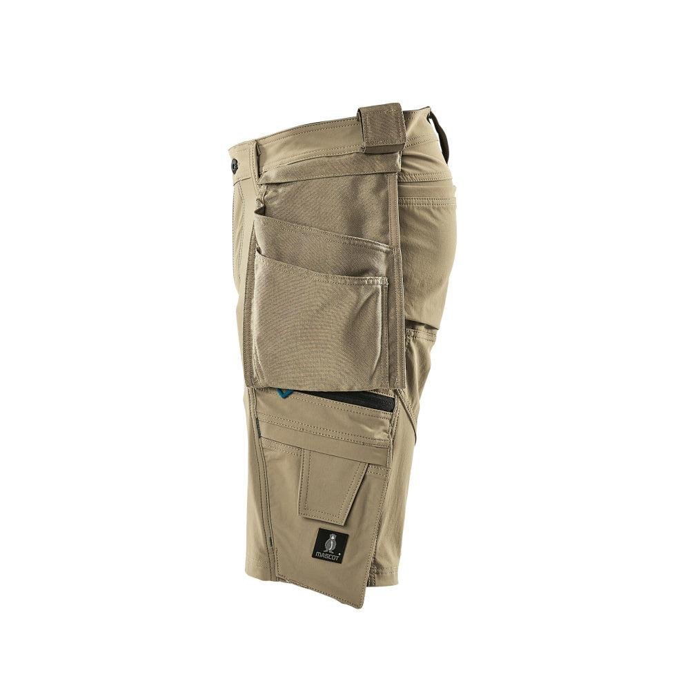 Shorts, bolsos suspensos removíveis, shorts stretch artesão, cáqui claro