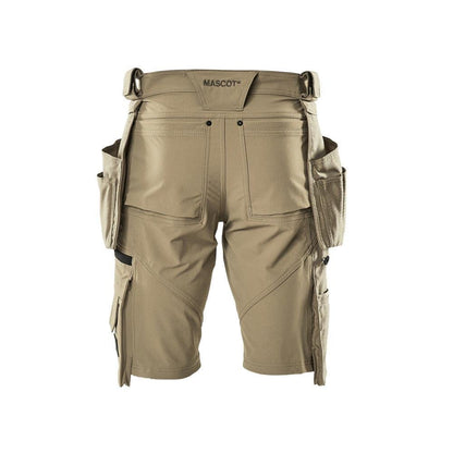 Shorts, bolsos suspensos removíveis, shorts stretch artesão, cáqui claro