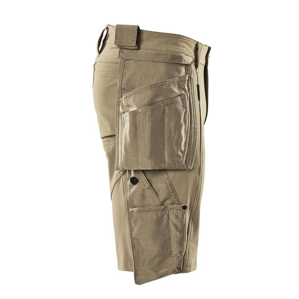 Shorts, bolsos suspensos removíveis, shorts stretch artesão, cáqui claro