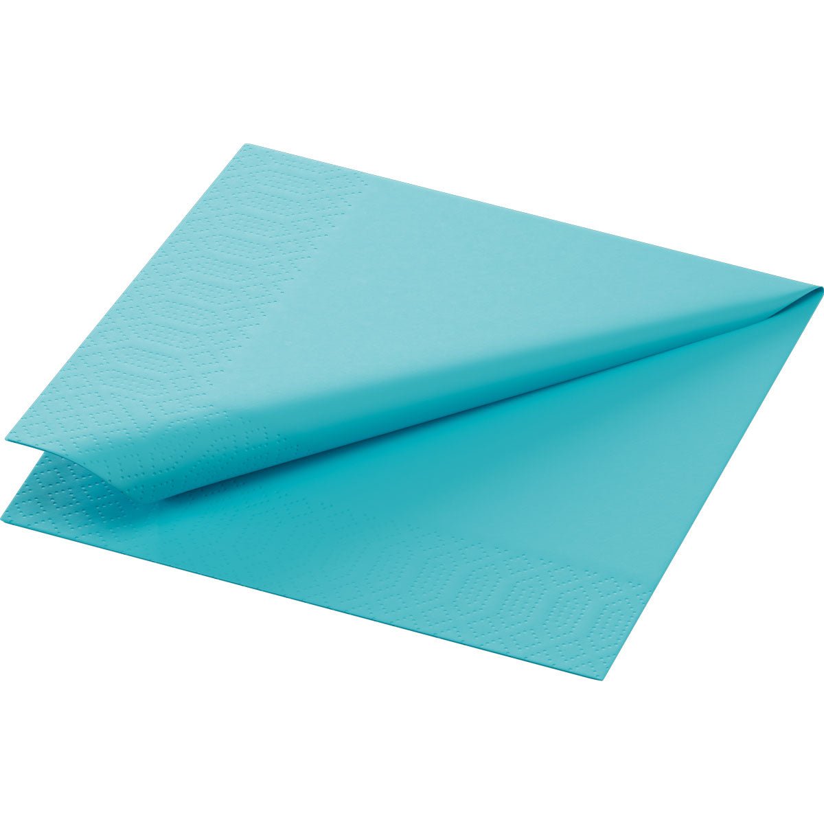 Um guardanapo de papel dobrado 24x24 cm, 3 camadas, guardanapo azul menta da Duni GmbH mostra o seu padrão de borda em relevo sobre um fundo branco. Cada embalagem contém 250 guardanapos.