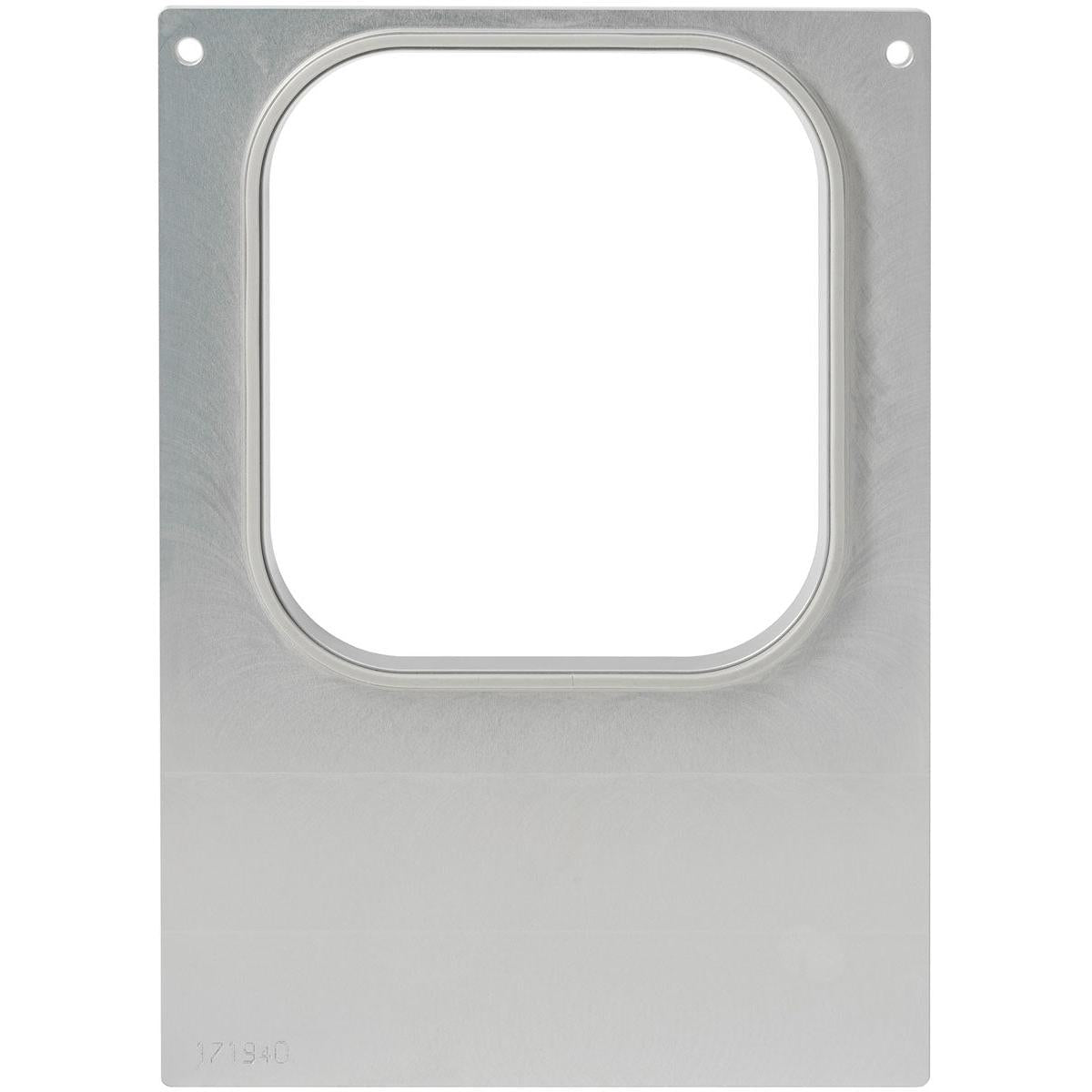 A cassete DF10/20 da Duni GmbH é uma estrutura metálica quadrada com bordas arredondadas, fixada a uma placa retangular lisa com dois furos - ideal para armazenamento de alimentos e compatível com bandejas PP 1/6 GN de 1000, 1600 ml.