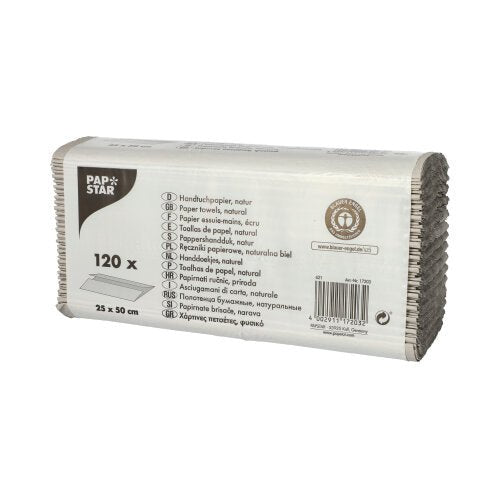 Uma embalagem retangular de PAPSTAR papel toalha C-dobra, 50x25 cm, natural, 1-camada, contém 120 folhas de papel 100% reciclado. Na embalagem estão indicadas informações sobre o produto e dimensões em várias línguas. Marca: PAPSTAR GmbH.
