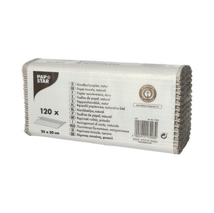 Uma embalagem retangular de PAPSTAR papel toalha C-dobra, 50x25 cm, natural, 1-camada, contém 120 folhas de papel 100% reciclado. Na embalagem estão indicadas informações sobre o produto e dimensões em várias línguas. Marca: PAPSTAR GmbH.