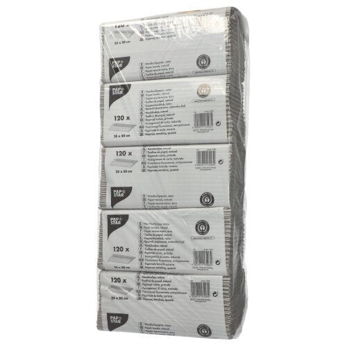 Uma embalagem transparente da PAPSTAR GmbH contém seis pilhas de papel toalha C-dobra natural, 1-camada (50x25 cm) com a inscrição "120 folhas" de papel 100% reciclado e informações do produto em várias línguas na embalagem.