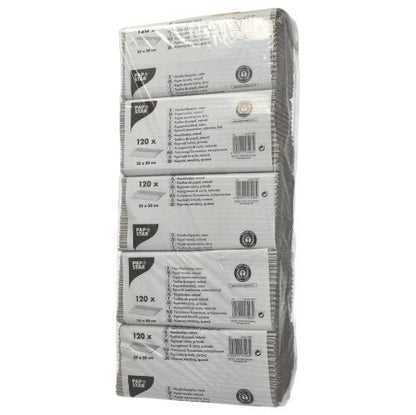 Uma embalagem transparente da PAPSTAR GmbH contém seis pilhas de papel toalha C-dobra natural, 1-camada (50x25 cm) com a inscrição "120 folhas" de papel 100% reciclado e informações do produto em várias línguas na embalagem.