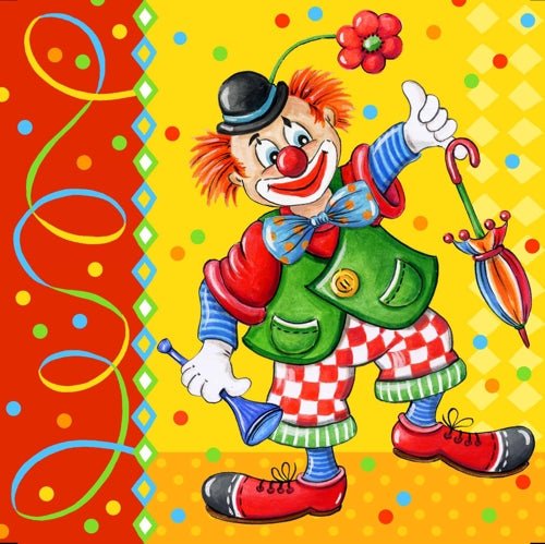 Um palhaço de desenho animado com cabelo laranja, nariz vermelho e roupas coloridas segura um guarda-chuva e uma buzina diante de um fundo colorido - ideal para PAPSTAR 20 guardanapos, 33 cm x 33 cm, 3-camadas, design conjunto 5 da PAPSTAR GmbH.