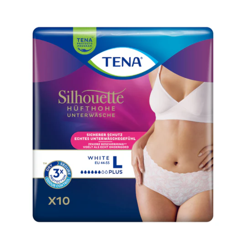 Uma embalagem de TENA Silhouette Plus White Inkontinenzpants, tamanho L, da TENA – Essity Germany GmbH, mostra uma mulher apresentando o produto. A embalagem azul-violeta em alemão indica proteção contra fraqueza da bexiga e contém 10 unidades.