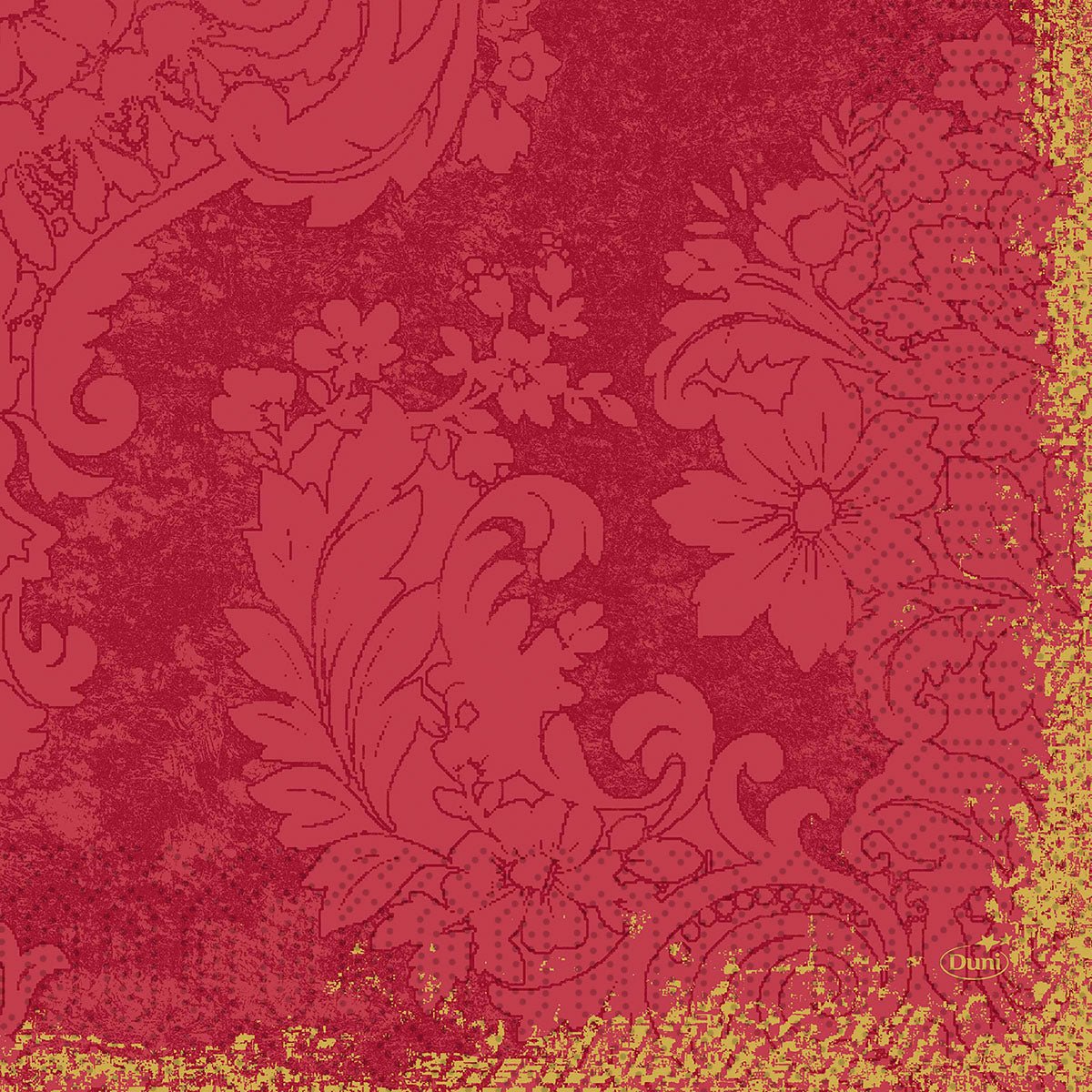 Um fundo estruturado em Bordeaux Real com padrões intrincados de flores e folhas, finalizado com uma borda dourada-amarela - ideal para guardanapos de papel Duni GmbH 33x33 cm, 3 camadas (pacote com 250 guardanapos).
