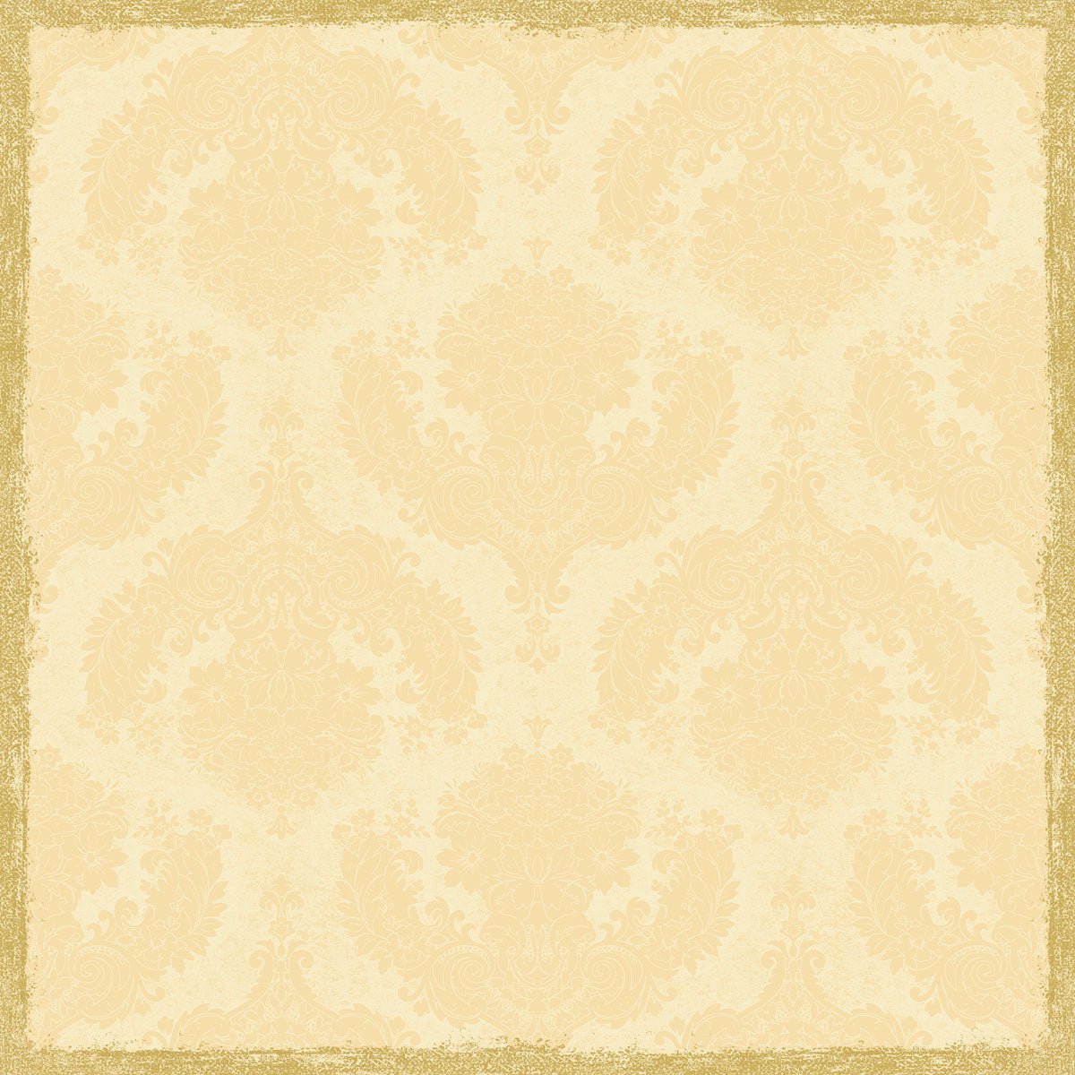 A toalha de mesa Dunicel 84x84 cm em royal cream da Duni GmbH (embalagem de 20 unidades) possui um design damasco bege com um padrão floral artístico e uma borda dourada, ideal para uma decoração de mesa elegante em estilo vintage.