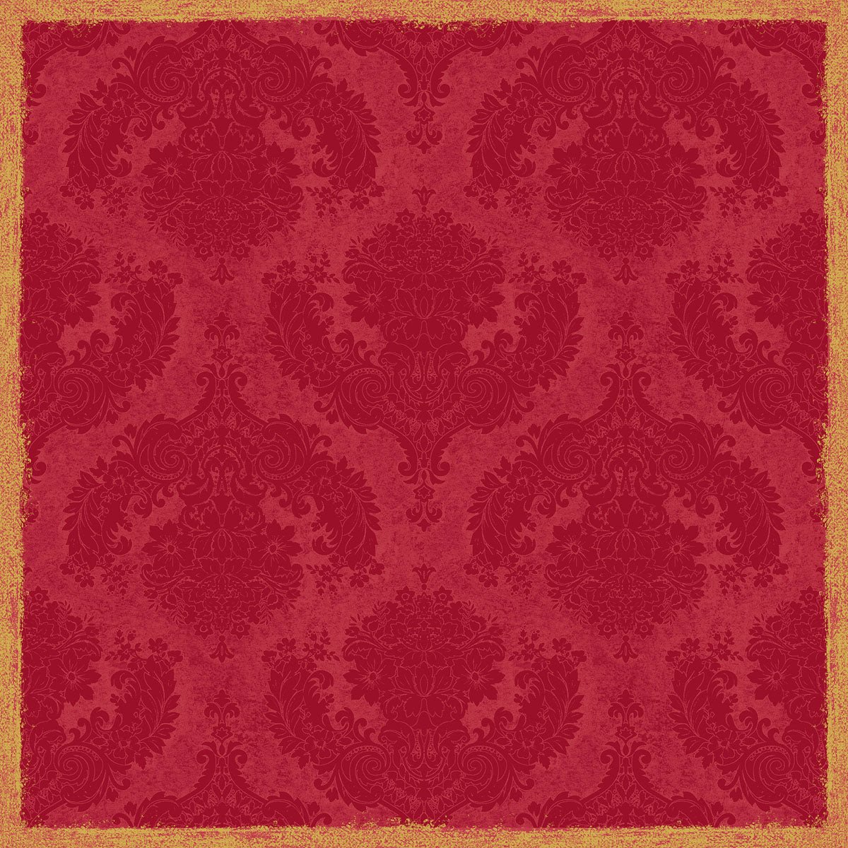 A toalha de mesa Dunicel 84x84 cm Royal Bordeaux da Duni GmbH apresenta um padrão floral em damasco vintage bordeaux com uma borda dourada em estilo usado - perfeita para uma decoração de mesa elegante. Embalagem com 20 unidades.
