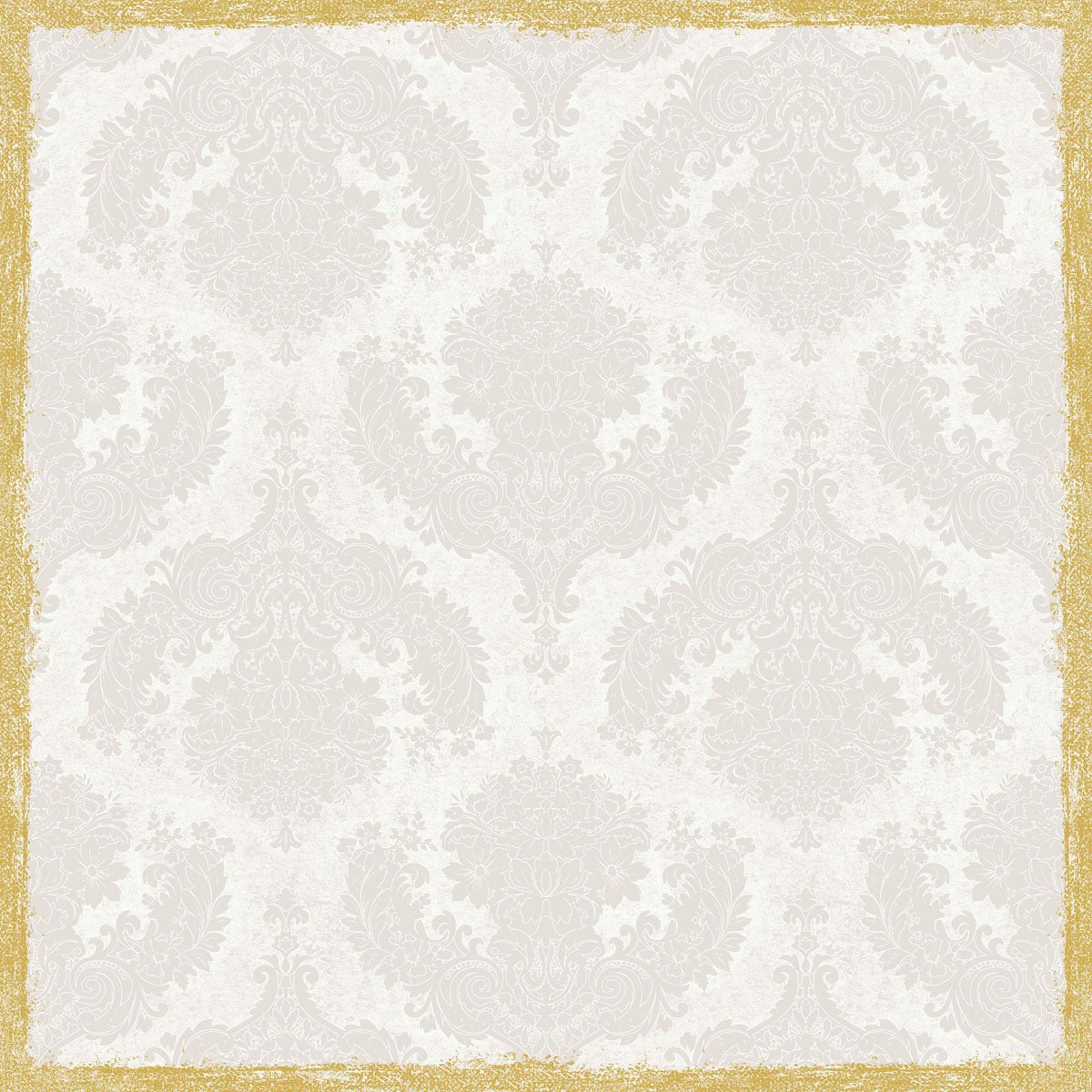 Um fundo damasco cinza claro com motivos florais ornamentados e simétricos é perfeito para a decoração de mesa com a toalha Dunisilk+ 84x84 cm em Royal White (embalagem com 20 unidades) da Duni GmbH. A imagem é adornada com uma borda dourada texturizada e irregular.