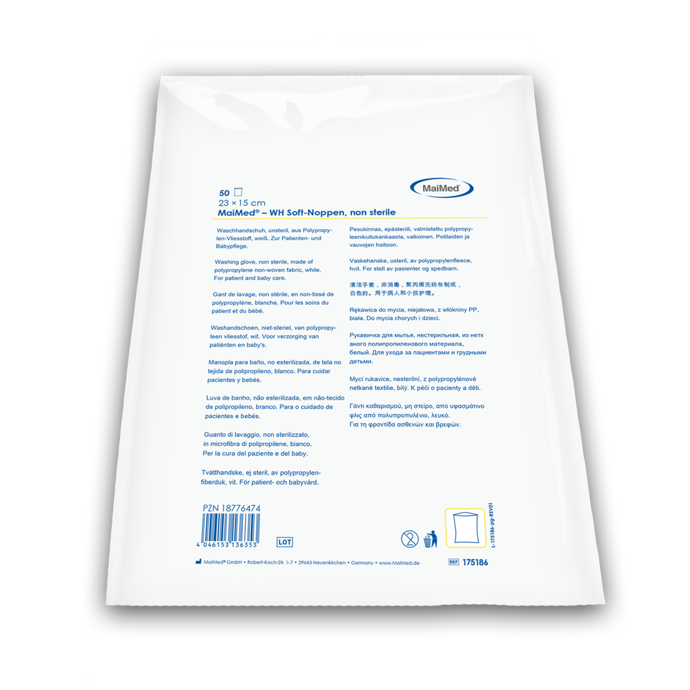 Luva de lavagem MaiMed com protuberâncias macias, branca não estéril, feita de lã, 50 peças/polybag | Pacote (50 peças)