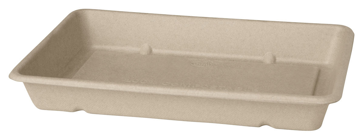 A Box Bagasse Braun da Duni GmbH é uma bandeja bege, retangular, compostável com bordas ligeiramente elevadas e três pequenas nervuras em cada lado longitudinal. É feita de fibra moldada, tem um fundo plano e serve como embalagem ecológica.