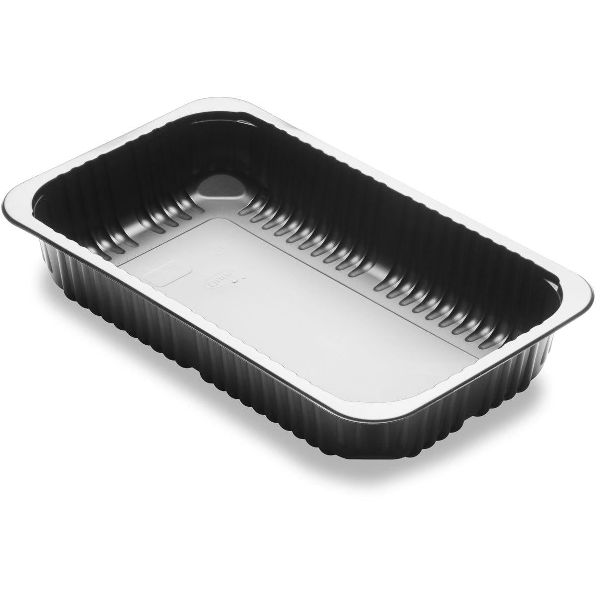 Uma bandeja de menu retangular preta 1-comp 1 Preto PP/MIN 260x158x43,7 da Duni GmbH está vazia com lados canelados e fundo liso em um fundo branco, vista de um ângulo ligeiramente elevado. Embalagem (384 unidades).