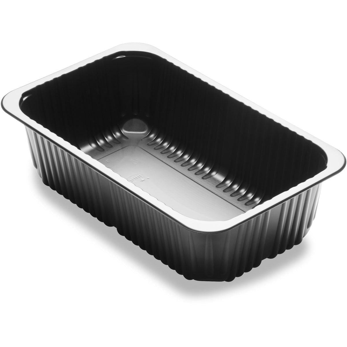 A Duni GmbH Menuschale 1-comp 1 Preto PP/MIN 260x158x70,7 é uma tigela retangular preta com estrutura ondulada e bordas salientes, ideal para embalagens de catering. Exibida em fundo branco. Embalagem: 376 peças.