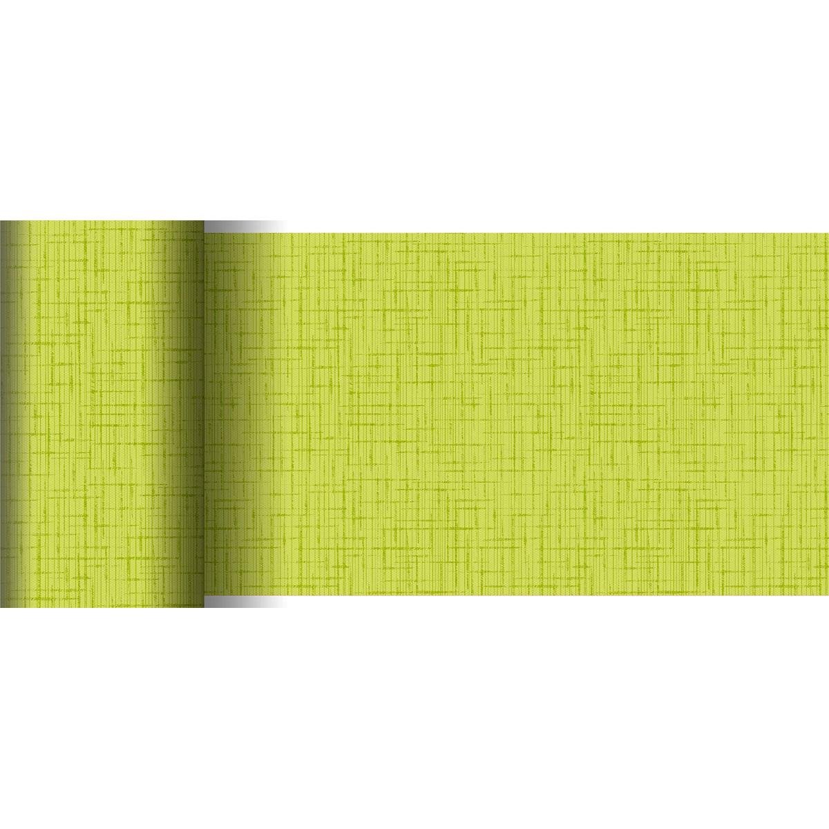 Um papel de parede parcialmente desenrolado, verde claro com um padrão cruzado discreto, assemelha-se ao corredor de mesa Dunicel 20 m x 15 cm da Duni GmbH e é ideal para decorações de mesa criativas com sua estrutura tecida semelhante a linho.