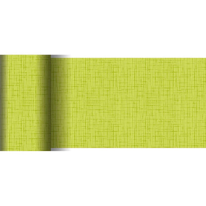 Um papel de parede parcialmente desenrolado, verde claro com um padrão cruzado discreto, assemelha-se ao corredor de mesa Dunicel 20 m x 15 cm da Duni GmbH e é ideal para decorações de mesa criativas com sua estrutura tecida semelhante a linho.