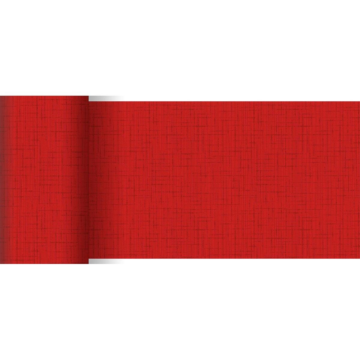 Um rolo de corredor de mesa Dunicel vermelho (20 m x 15 cm) da Duni GmbH destaca-se por um padrão discreto de linhas cruzadas e um visual texturizado, com a borda esquerda ligeiramente enrolada - perfeito para uma decoração de mesa elegante.