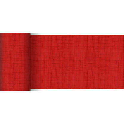 Um rolo de corredor de mesa Dunicel vermelho (20 m x 15 cm) da Duni GmbH destaca-se por um padrão discreto de linhas cruzadas e um visual texturizado, com a borda esquerda ligeiramente enrolada - perfeito para uma decoração de mesa elegante.