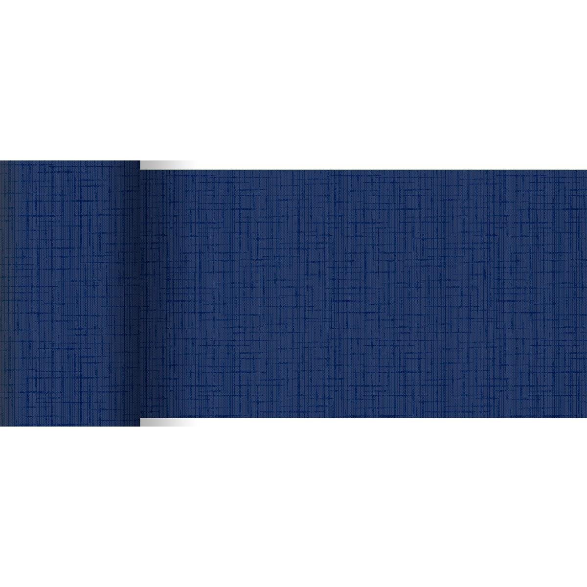 O corredor de mesa Dunicel 20 m x 15 cm da Duni GmbH apresenta um padrão texturizado em forma de grade azul escuro - perfeito para uma decoração de mesa elegante ou uso criativo, aqui parcialmente desenrolado sobre fundo branco.