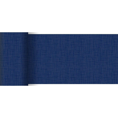 O corredor de mesa Dunicel 20 m x 15 cm da Duni GmbH apresenta um padrão texturizado em forma de grade azul escuro - perfeito para uma decoração de mesa elegante ou uso criativo, aqui parcialmente desenrolado sobre fundo branco.