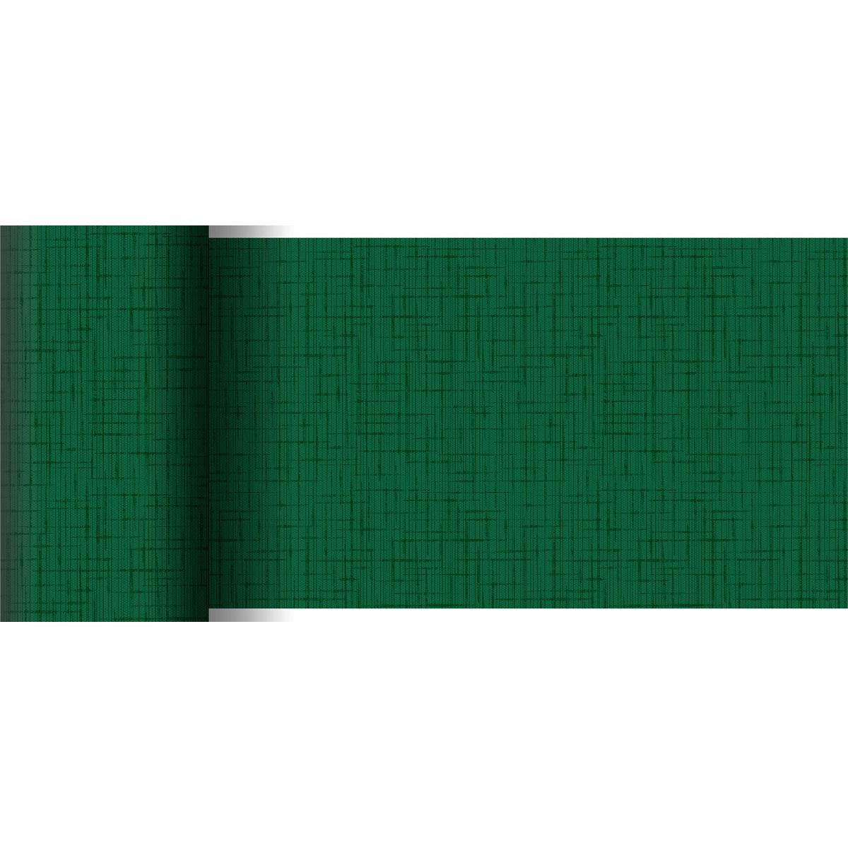 Um corredor de mesa Dunicel 20 m x 15 cm da Duni GmbH parcialmente desenrolado em verde exibe sua fina estrutura em grade sobre um fundo branco, tornando-o perfeito para uma decoração de mesa elegante.