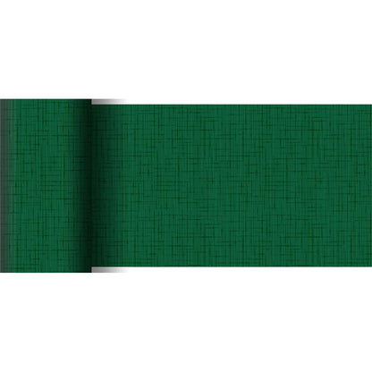 Um corredor de mesa Dunicel 20 m x 15 cm da Duni GmbH parcialmente desenrolado em verde exibe sua fina estrutura em grade sobre um fundo branco, tornando-o perfeito para uma decoração de mesa elegante.