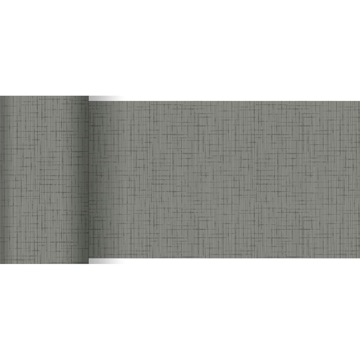 Um rolo de papel de parede cinza com padrão de grade discreto complementa o corredor de mesa Dunicel 20 m x 15 cm da Duni GmbH, que está parcialmente desenrolado sobre um fundo branco - perfeito para uma decoração de mesa elegante.