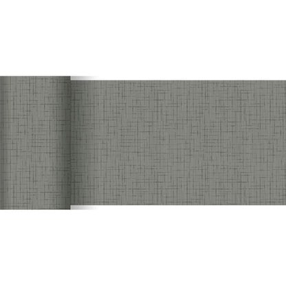Um rolo de papel de parede cinza com padrão de grade discreto complementa o corredor de mesa Dunicel 20 m x 15 cm da Duni GmbH, que está parcialmente desenrolado sobre um fundo branco - perfeito para uma decoração de mesa elegante.
