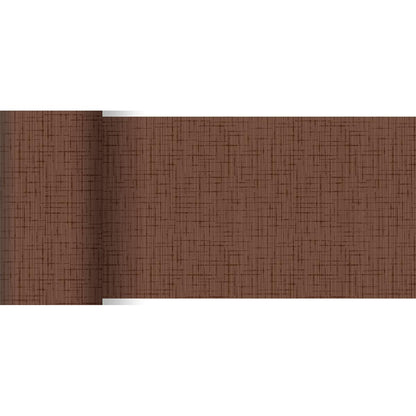 O corredor de mesa Dunicel 20 m x 15 cm da Duni GmbH é um corredor de mesa marrom texturizado com padrão discreto de grade e cruz, parcialmente desenrolado sobre um fundo branco - ideal para uma decoração de mesa elegante.