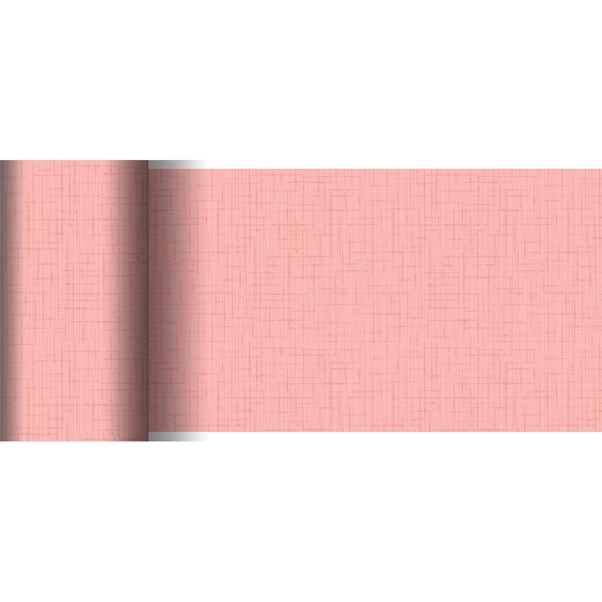O corredor de mesa Dunicel da Duni GmbH (20 m x 15 cm) em rosa tem um padrão linear discreto e uma aparência de grade texturizada - perfeito para decoração de mesa criativa. Tanto a vista enrolada quanto a desenrolada são mostradas sobre uma superfície plana.