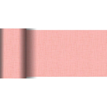 O corredor de mesa Dunicel da Duni GmbH (20 m x 15 cm) em rosa tem um padrão linear discreto e uma aparência de grade texturizada - perfeito para decoração de mesa criativa. Tanto a vista enrolada quanto a desenrolada são mostradas sobre uma superfície plana.