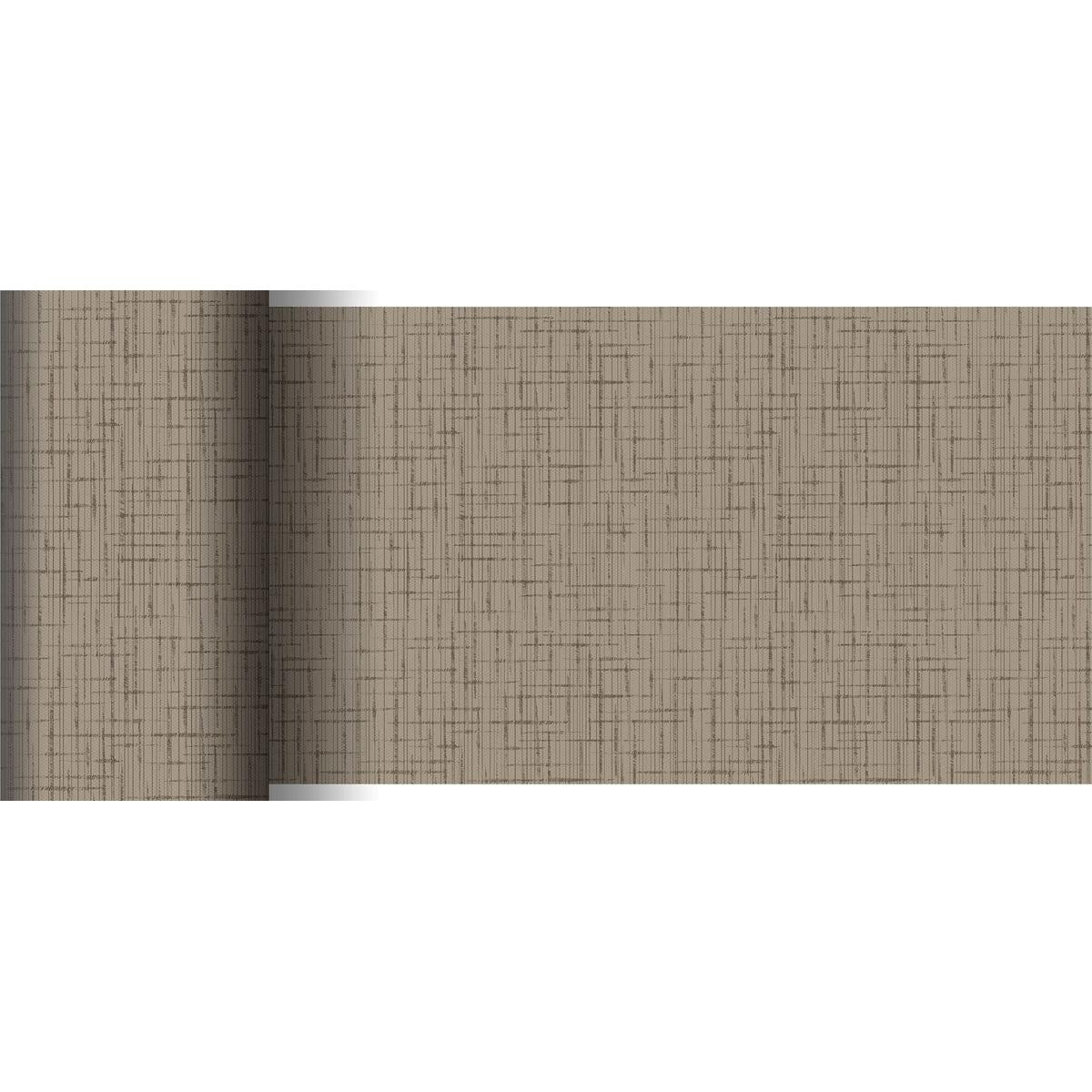 Um rolo de corredor de mesa Dunicel 20 m x 15 cm da Duni GmbH com superfície bege texturizada e padrão discreto de cruz marrom é parcialmente desenrolado sobre um fundo branco - ideal para uma decoração de mesa elegante.